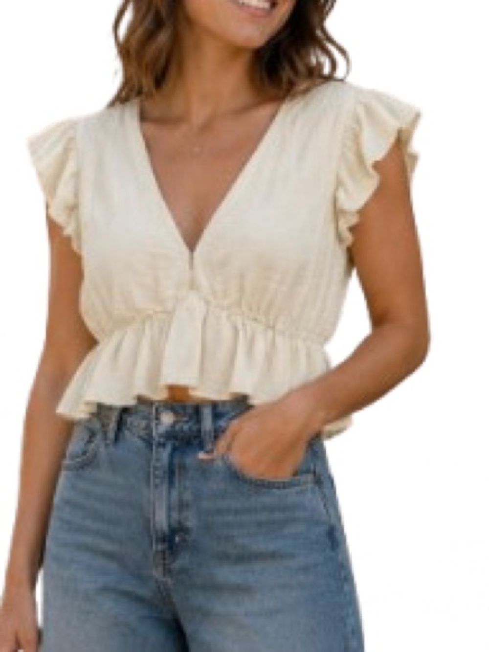 SABO SKIRT Cream Cotton Ruffle Sleeve Peplum Crop Top Size L Boho